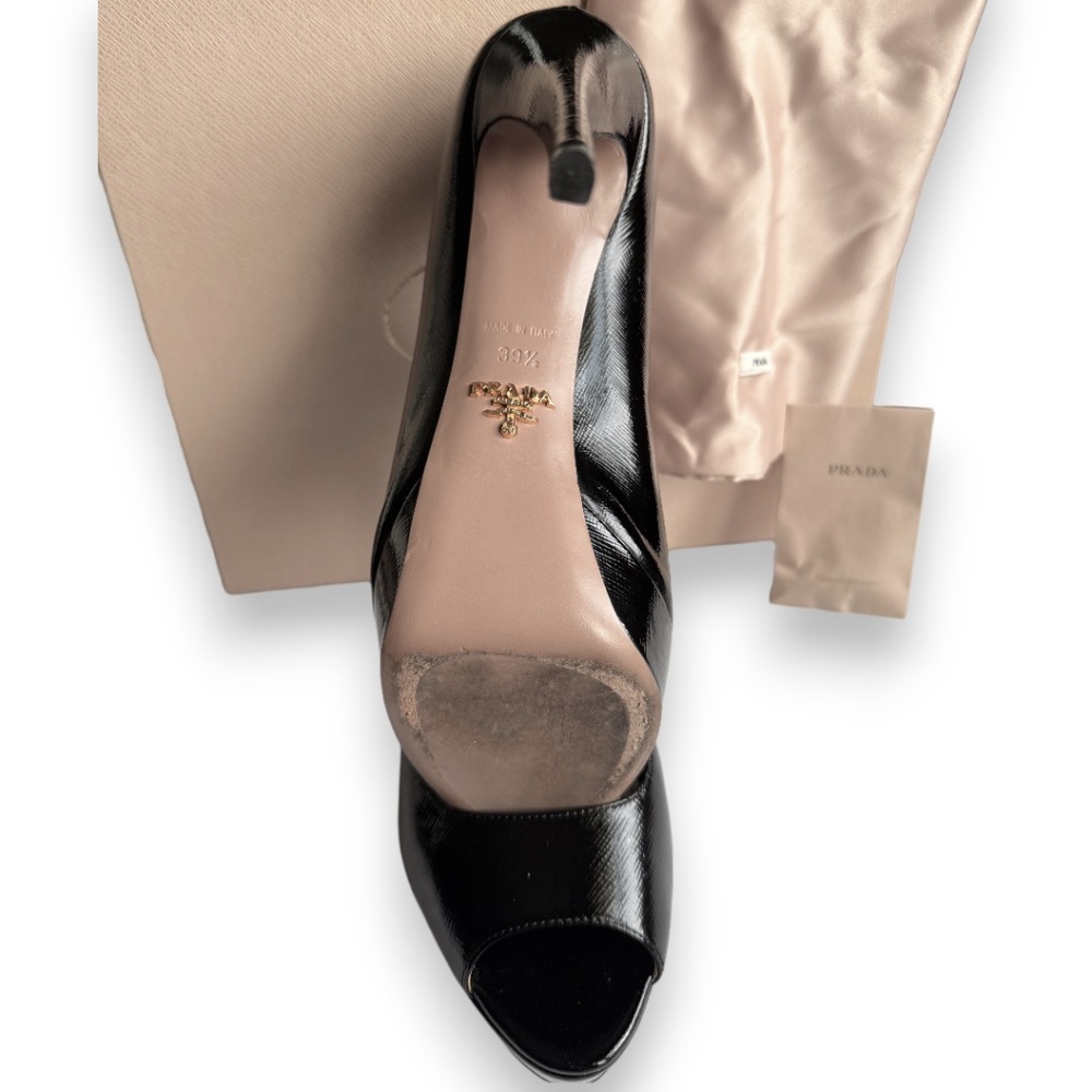 PRADA Vernice Saffiano leather peep toe platform pumps black size 39.5 - Picture 12 of 16
